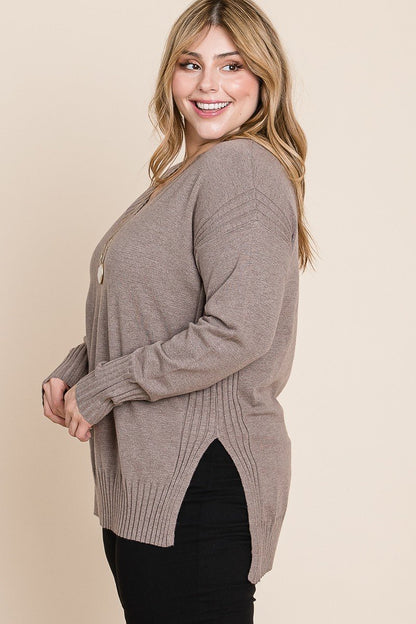 Plus Size Solid V Neck Buttery Soft High Quality High Low Two Tone Sweater