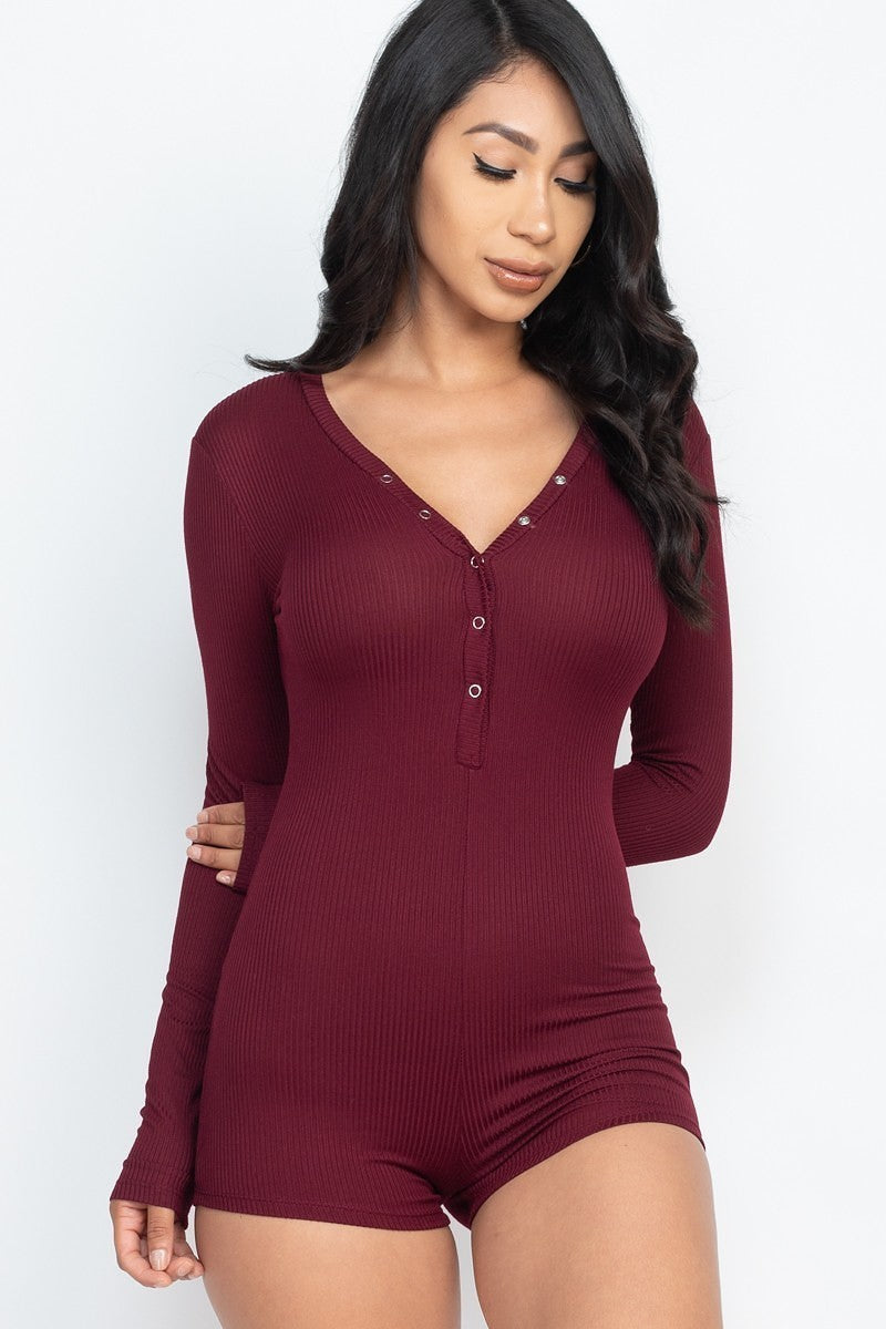 V Neck With Button Tap Bodycon Romper