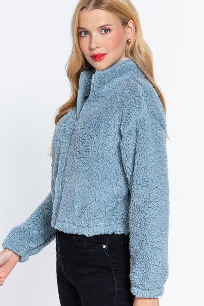 Long Slv Faux Fur Zip-up Jacket