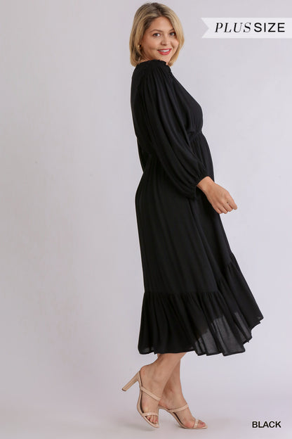 Split Neck Button Front Dolman Sleeve High Low Dress