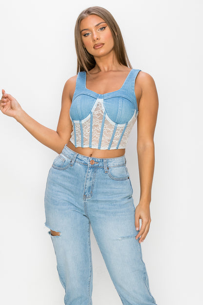 Floral Lace And Denim Crop Top