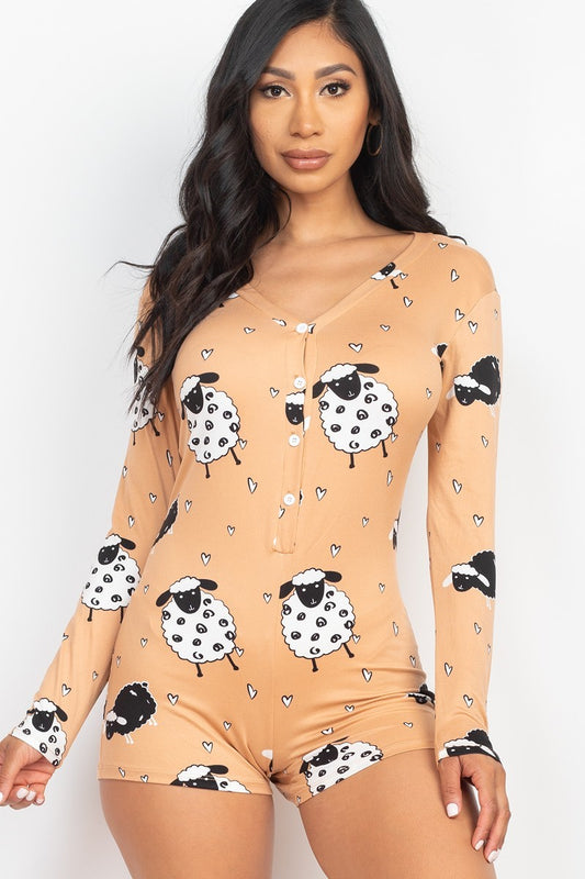 Sheep Print V-neck Button Romper