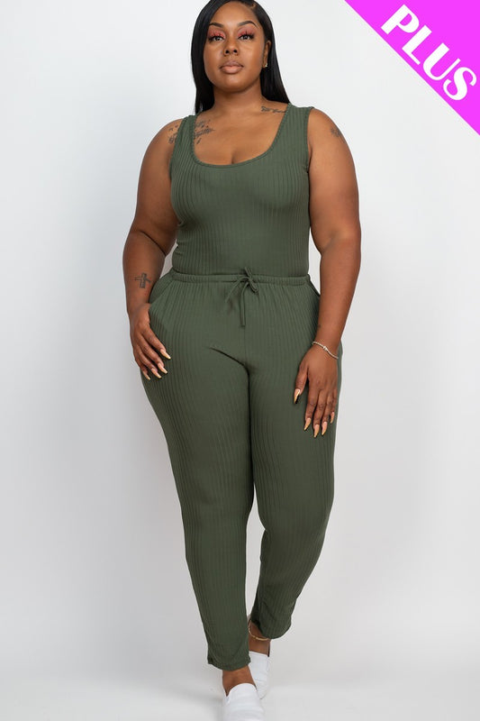 Plus Ribbed Sleeveless Drawstring Jumpsuit