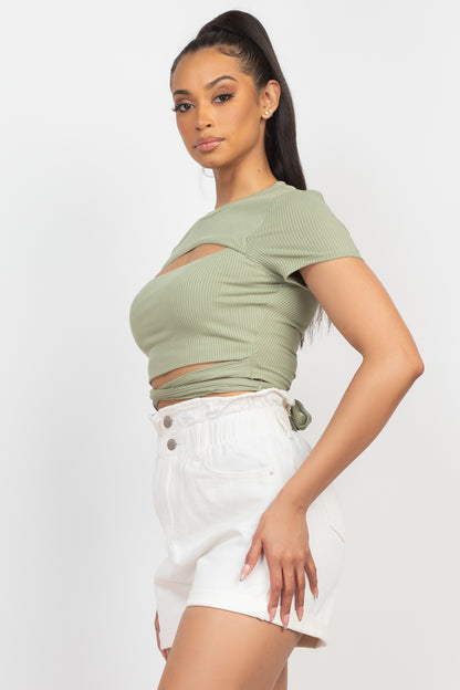 Self-tie Ribbon Front Cutout Crop Top