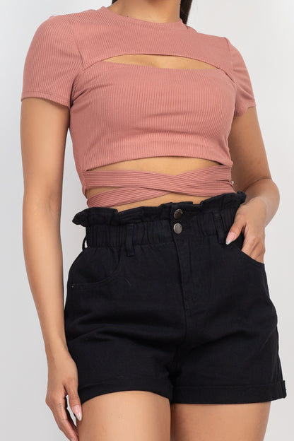 Self-tie Ribbon Front Cutout Crop Top