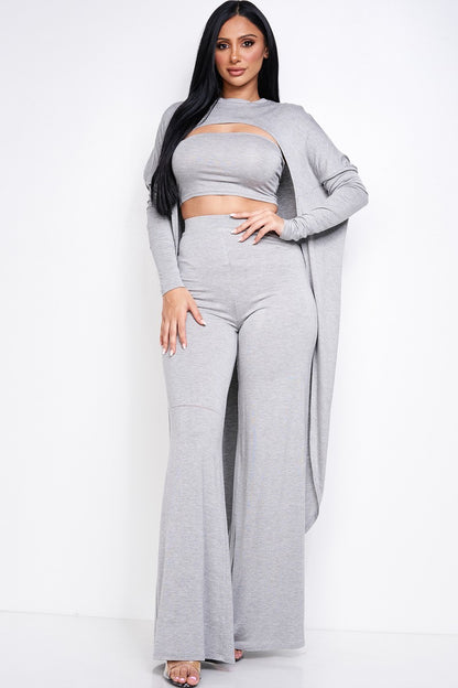 Solid Heavy Rayon Spandex Tube Top, Long Sleeve Cape Top And Wide Leg Pants 3 Piece Set