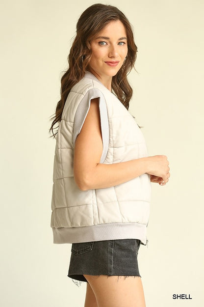 Faux Leather Solid Puffer Vest With Pockets