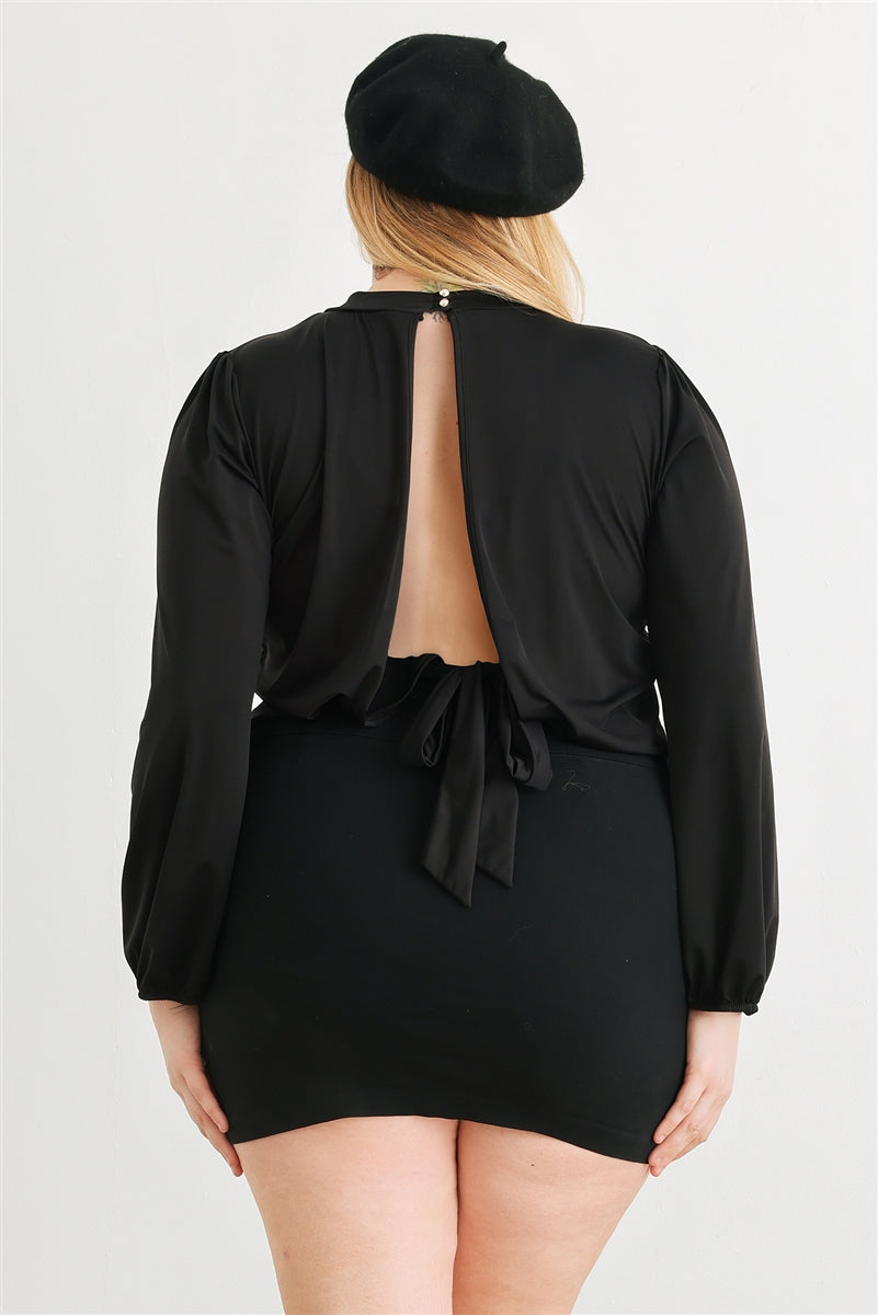 Plus Black Satin Puff Long Sleeve Open Tie Back Blouse Top