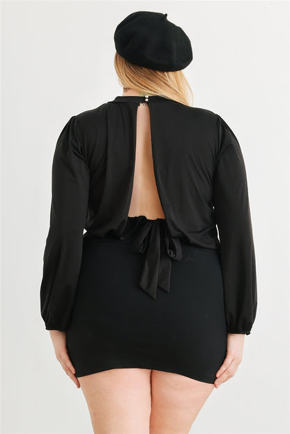 Plus Black Satin Puff Long Sleeve Open Tie Back Blouse Top