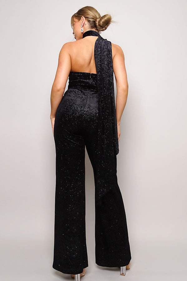 Scarf Top Glitter Velvet Jumpsuit